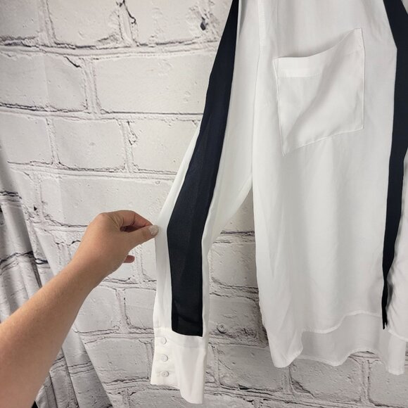 Amanda Green‎ Womens L Black White Long Sleeve Blouse Button Down Dressy Office - Picture 4 of 7
